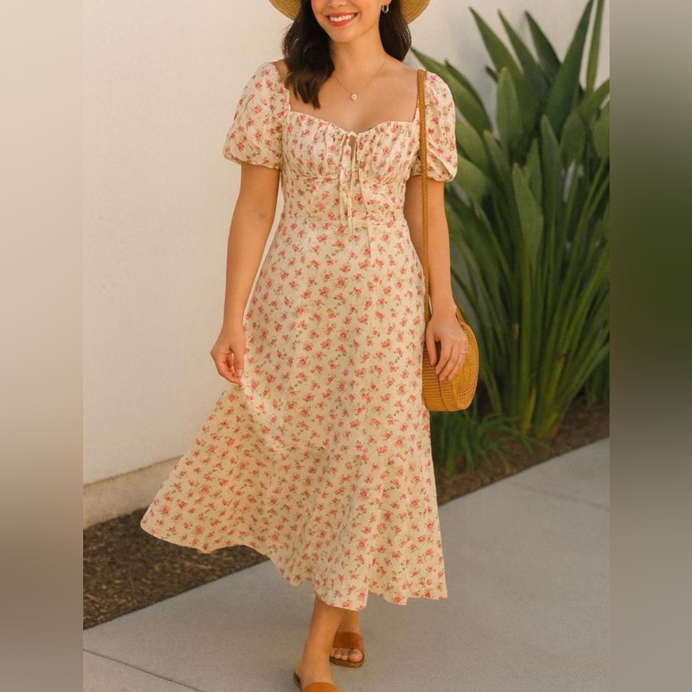 Moon River Floral Puff Sleeve Midi Dress floral print - Picture 9 of 15